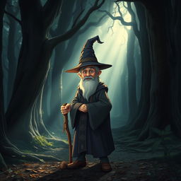 A short wizard standing in an ancient, mystical forest