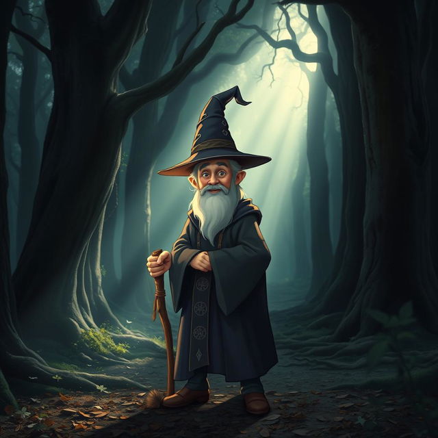 A short wizard standing in an ancient, mystical forest