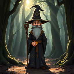 A short wizard standing in an ancient, mystical forest