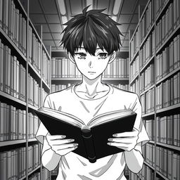 A young man in a library, drawn in anime style, deeply engrossed in reading a book, symbolizing the acquisition of knowledge