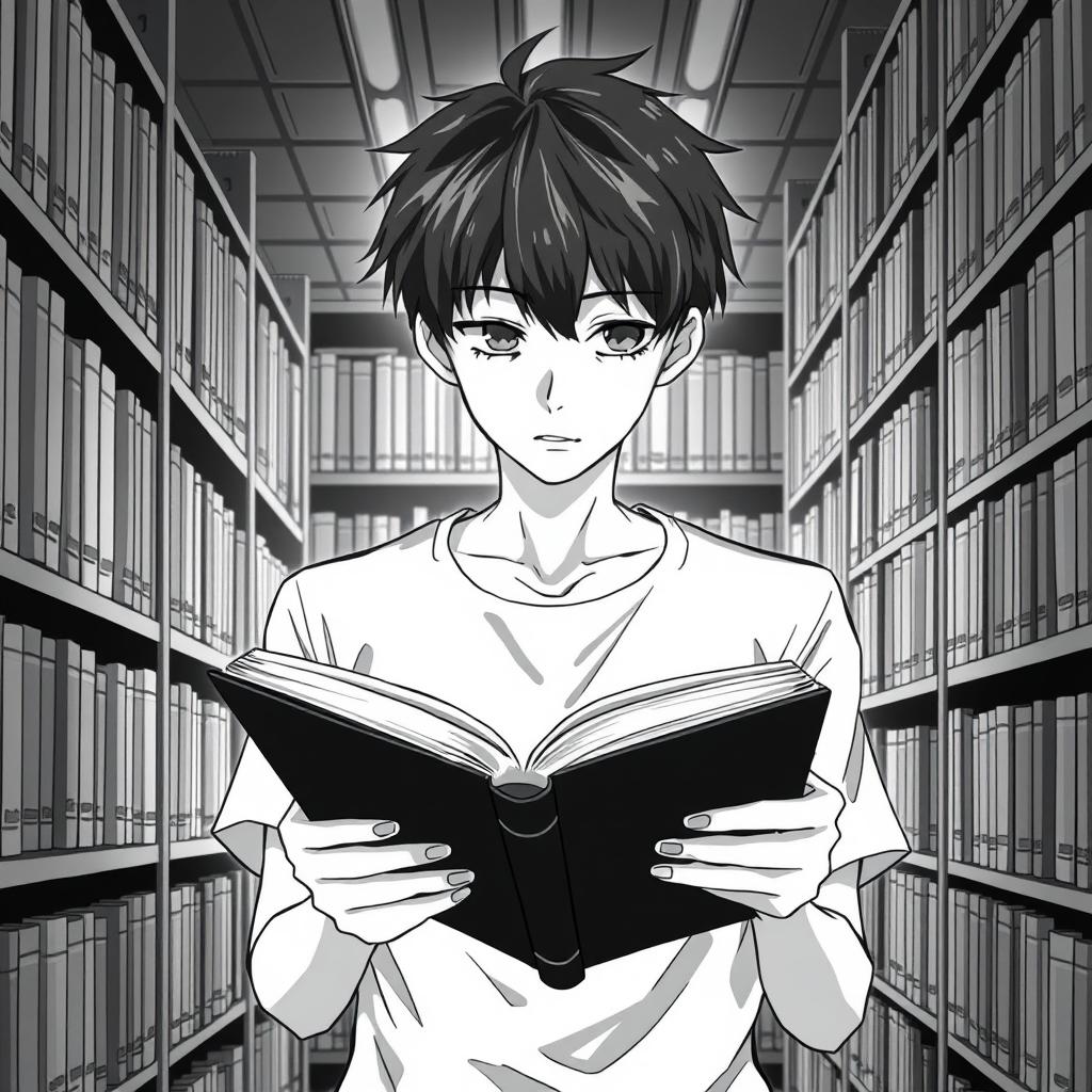 A young man in a library, drawn in anime style, deeply engrossed in reading a book, symbolizing the acquisition of knowledge
