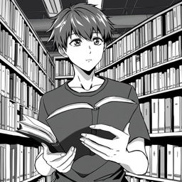 A young man in a library, drawn in anime style, deeply engrossed in reading a book, symbolizing the acquisition of knowledge