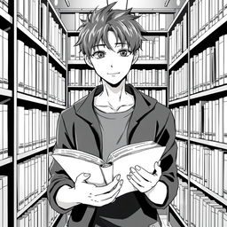 A young man in a library, drawn in anime style, deeply engrossed in reading a book, symbolizing the acquisition of knowledge