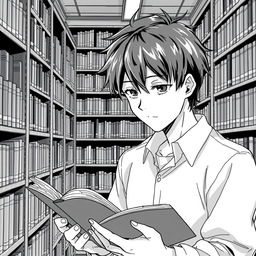 A young man in a library, drawn in anime style, deeply engrossed in reading a book, symbolizing the acquisition of knowledge