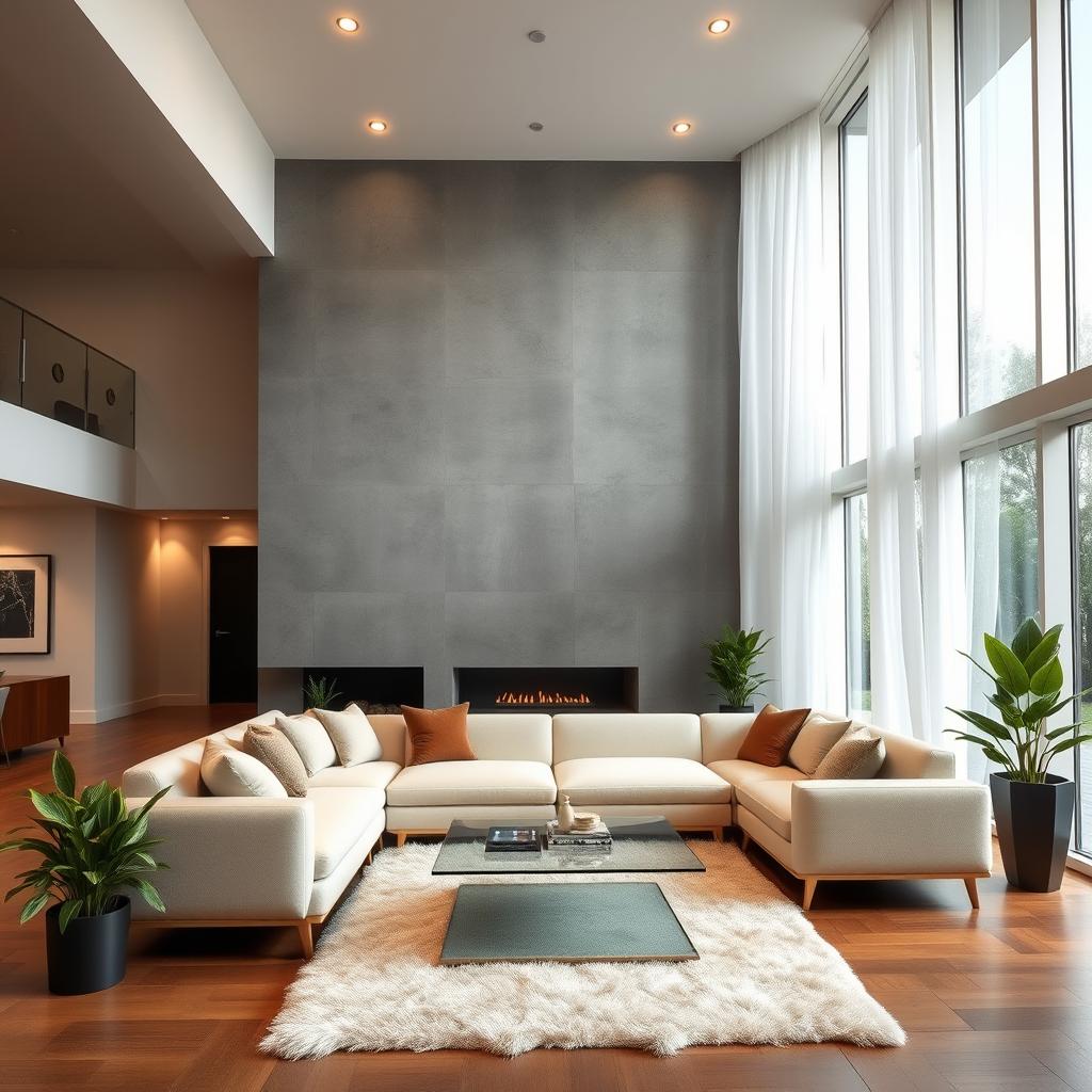 A modern, luxurious living room with large floor-to-ceiling windows allowing natural light to flood the space