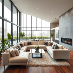 A modern, luxurious living room with large floor-to-ceiling windows allowing natural light to flood the space