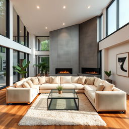 A modern, luxurious living room with large floor-to-ceiling windows allowing natural light to flood the space