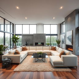 A modern, luxurious living room with large floor-to-ceiling windows allowing natural light to flood the space