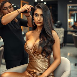 An Indian woman having her hair cut from long to short, while dressed in glamorous and sexy clothes