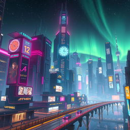 A hyper-realistic futuristic cityscape at night, showcasing towering skyscrapers adorned with vibrant neon lights and holographic billboards