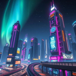 A hyper-realistic futuristic cityscape at night, showcasing towering skyscrapers adorned with vibrant neon lights and holographic billboards