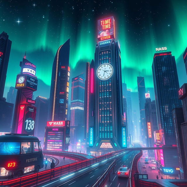 A hyper-realistic futuristic cityscape at night, showcasing towering skyscrapers adorned with vibrant neon lights and holographic billboards