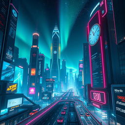 A hyper-realistic futuristic cityscape at night, showcasing towering skyscrapers adorned with vibrant neon lights and holographic billboards