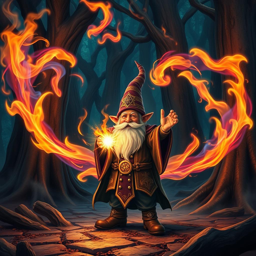 A gnome wizard casting a magnificent fire spell