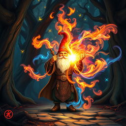 A gnome wizard casting a magnificent fire spell