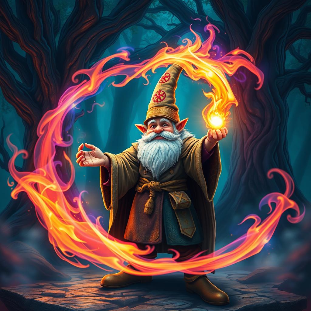 A gnome wizard casting a magnificent fire spell