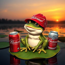 A whimsical frog wearing a Budweiser cap, sitting on a lilypad with a Budweiser can beside it, in a serene pond setting at sunset