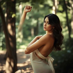 A beautiful woman posing confidently, surrounded by a natural setting such as a garden or forest