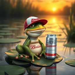 A whimsical frog wearing a Budweiser cap, sitting on a lilypad with a Budweiser can beside it, in a serene pond setting at sunset