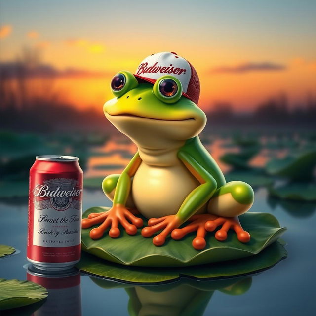 A whimsical frog wearing a Budweiser cap, sitting on a lilypad with a Budweiser can beside it, in a serene pond setting at sunset