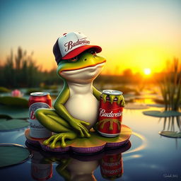 A whimsical frog wearing a Budweiser cap, sitting on a lilypad with a Budweiser can beside it, in a serene pond setting at sunset