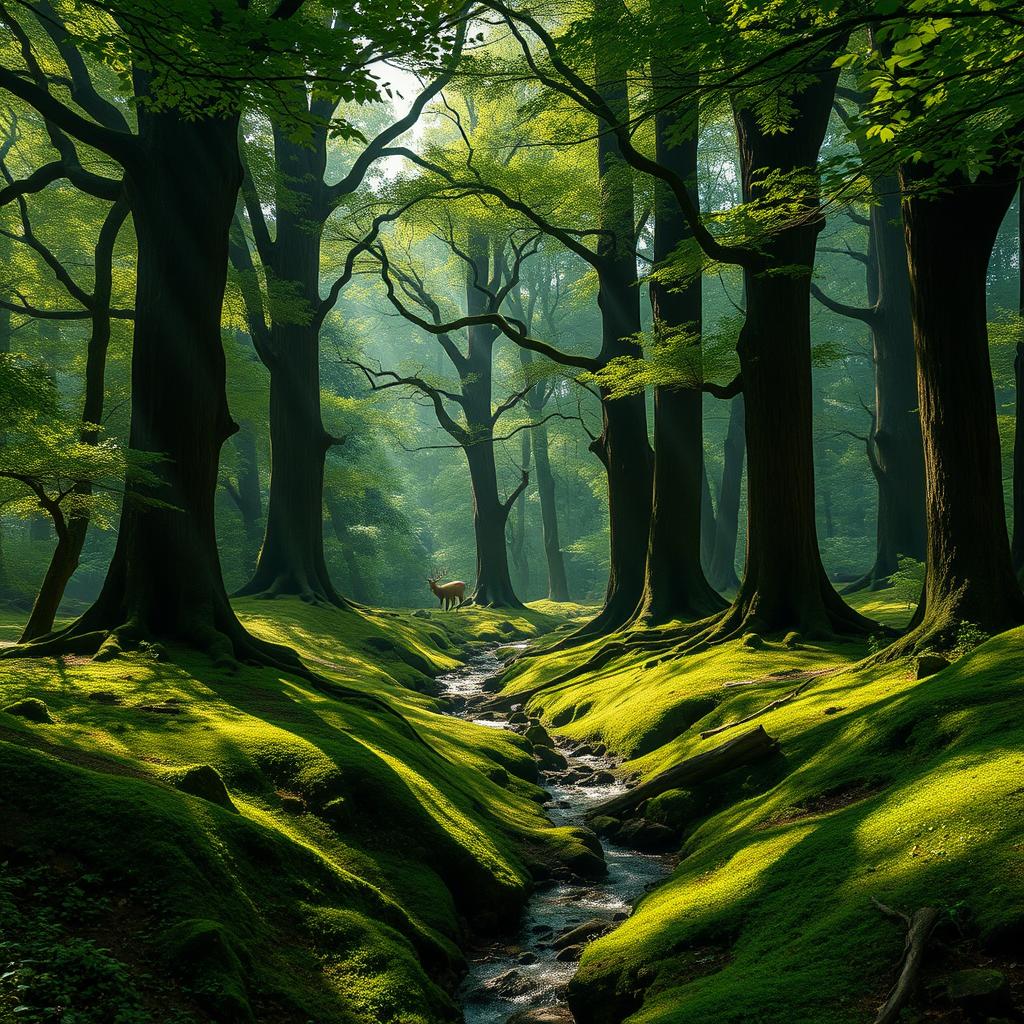 Lush green forest with a mystical atmosphere, towering ancient trees, dappled sunlight filtering through the leaves, creating a soft glow on the forest floor