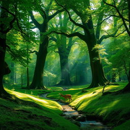 Lush green forest with a mystical atmosphere, towering ancient trees, dappled sunlight filtering through the leaves, creating a soft glow on the forest floor