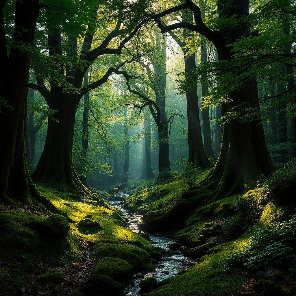 Lush green forest with a mystical atmosphere, towering ancient trees, dappled sunlight filtering through the leaves, creating a soft glow on the forest floor