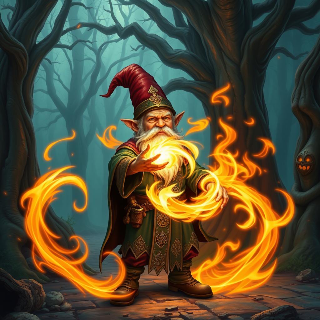 A Dungeons and Dragons gnome wizard casting a powerful fire spell