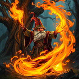 A Dungeons and Dragons gnome wizard casting a powerful fire spell