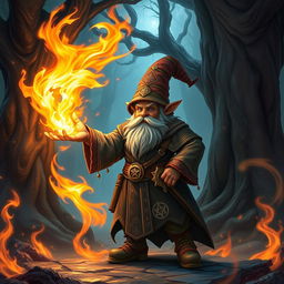 A Dungeons and Dragons gnome wizard casting a powerful fire spell