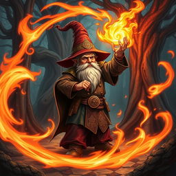 A Dungeons and Dragons gnome wizard casting a powerful fire spell