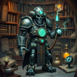 A Warforged Artificer, showing a humanoid construct crafted from metal and stone, standing in a mystical workshop