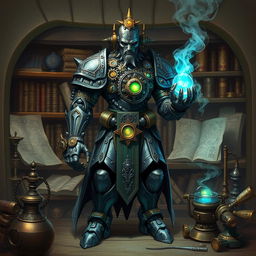 A Warforged Artificer, showing a humanoid construct crafted from metal and stone, standing in a mystical workshop