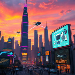 A futuristic cityscape at sunset, showcasing towering skyscrapers with neon lights in vibrant hues