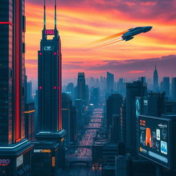 A futuristic cityscape at sunset, showcasing towering skyscrapers with neon lights in vibrant hues