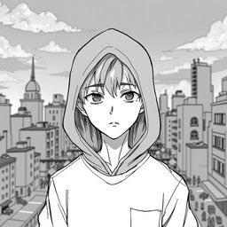 A young man with a hood partially covering his face, standing in a cityscape
