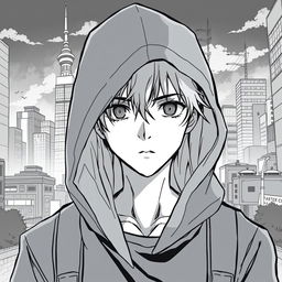 A young man with a hood partially covering his face, standing in a cityscape