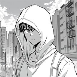 A young man with a hood partially covering his face, standing in a cityscape