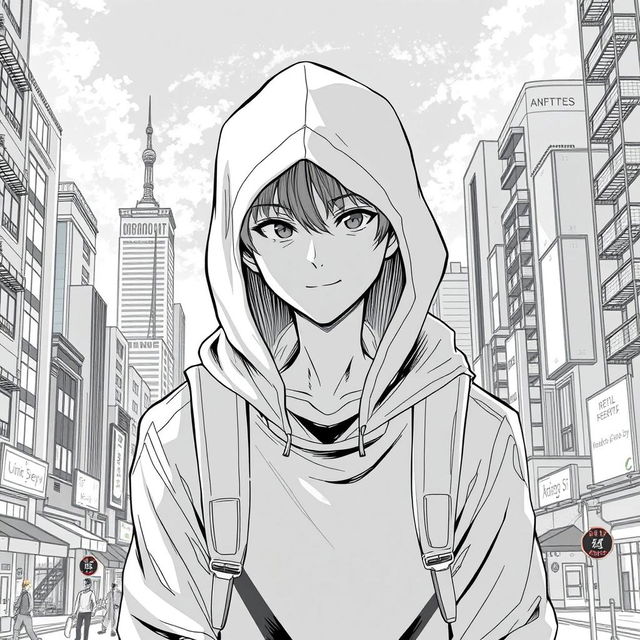 A young man with a hood partially covering his face, standing in a cityscape