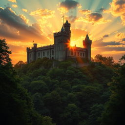 A majestic medieval castle perched on a hilltop, surrounded by a dense, enchanted forest with lush green foliage