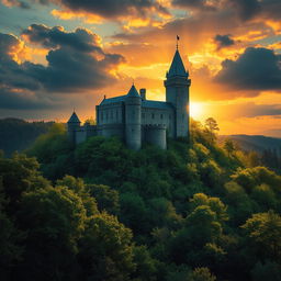 A majestic medieval castle perched on a hilltop, surrounded by a dense, enchanted forest with lush green foliage