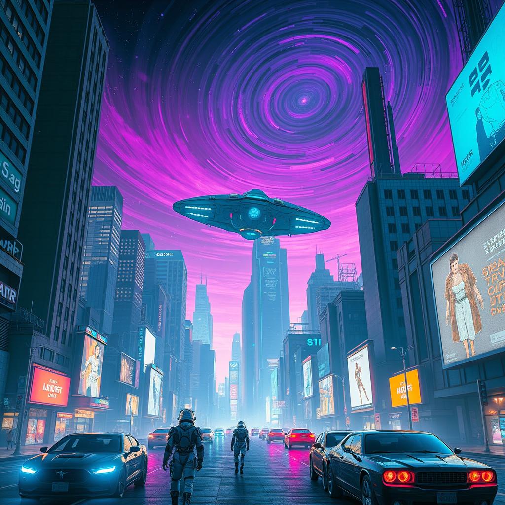 A futuristic scene with cybernetic humanoids in a neon-lit metropolis