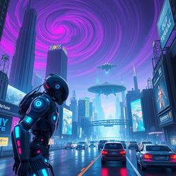 A futuristic scene with cybernetic humanoids in a neon-lit metropolis