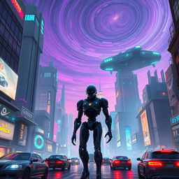 A futuristic scene with cybernetic humanoids in a neon-lit metropolis