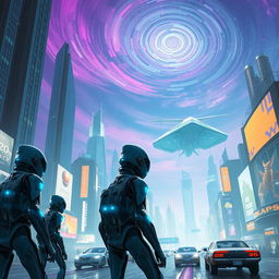 A futuristic scene with cybernetic humanoids in a neon-lit metropolis