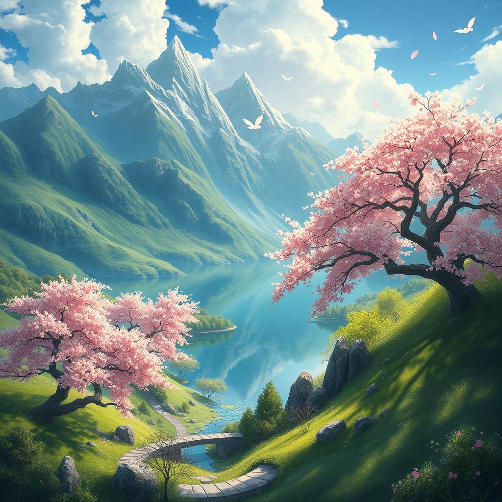 A stunning landscape inspired by the style of Genshin Impact, featuring lush greenery, majestic mountains, and a serene lake reflecting the vibrant blue sky