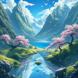 A stunning landscape inspired by the style of Genshin Impact, featuring lush greenery, majestic mountains, and a serene lake reflecting the vibrant blue sky