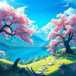 A stunning landscape inspired by the style of Genshin Impact, featuring lush greenery, majestic mountains, and a serene lake reflecting the vibrant blue sky