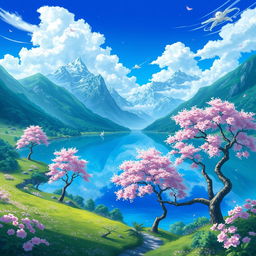 A stunning landscape inspired by the style of Genshin Impact, featuring lush greenery, majestic mountains, and a serene lake reflecting the vibrant blue sky